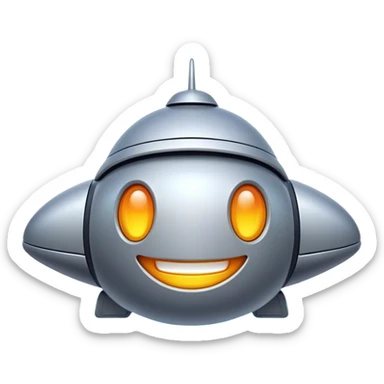 Design a simple, friendly spaceship with a smooth, rounded shape. Add a clear 'face' on the front using glowing lights for eyes and a curved line for a smile, giving it personality. Use a plain background to keep the focus on the ship sticker