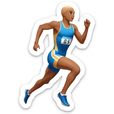 An icon symbolizing professional running: a dynamic sprinting athlete in motion on a track, leaving motion lines behind. The background features a large stadium with cheering crowds, a digital timer, and a clear blue sky. Transparent background emphasizes speed, endurance, and competition. sticker