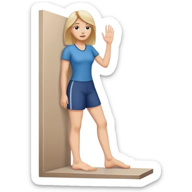 A women standing with her fot and big toe pressed against a wall, for rehab purposes sticker