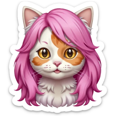 calico cat wear long pink hair wig sticker