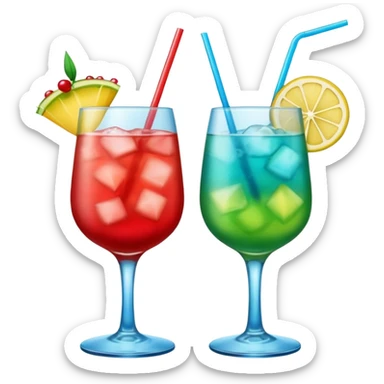 Create two emoji of clear red blended yellow cocktail, cheers with blue blended green cocktail, without any fruit and skewers sticker