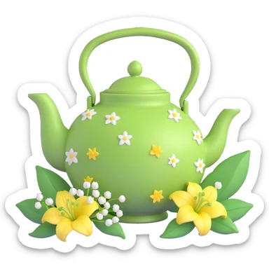A green teapot with lily of the valley flowers growing out of it, small stars around the flowers. The teapot is light green with a darker green handle and has a scalloped edge. The flowers are white and green, and the stars are small and yellow. sticker