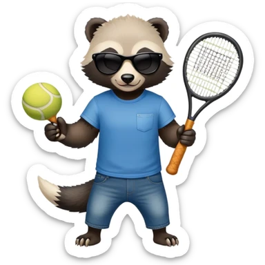 mischievous anthropomorphised honey badger in jeans and a t-shirt, wearing sunglasses, holding a tennis racket sticker