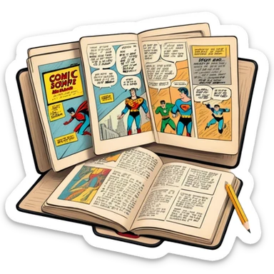 Create a detailed emoji representing the process of writing texts for comic books. The design should feature a large, open comic book with vintage comic strips visible on its pages. A pencil should be shown writing text on one of the comic panels, but without a hand. The pencil should appear as though it is actively creating the dialogue or narration. Use a classic color palette with muted tones for the comic book and brighter accents on the pencil to draw attention to the writing process. Do not include any emojis or smiley faces. Make the background transparent. sticker