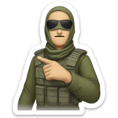 A person masked with shemagh and wearing military clothing and He points his index finger upward  sticker