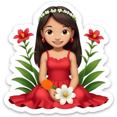 Lilo from Lilo & Stitch, in a red dress with white flowers, sitting and smiling sticker