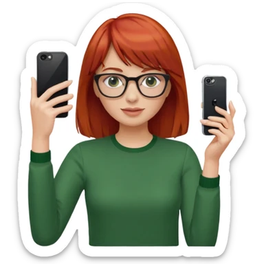 red haired woman with bangs, glasses, green blouse holding her phone having selfie sticker