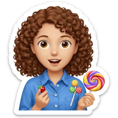 girl with brown curly hair in a blue button-up shirt loving candy excited sticker