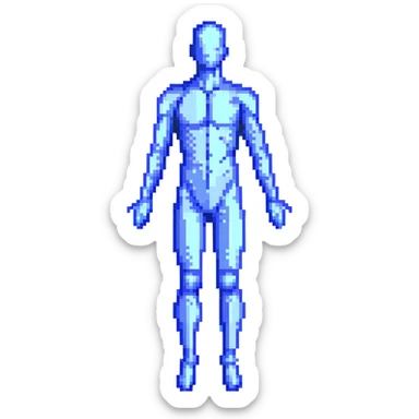 Pixelated human silhouette with digital scanning effect, blue grid lines mapping the body sticker