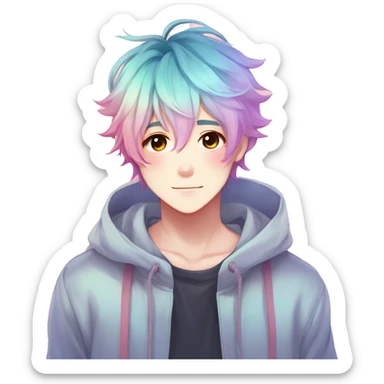 Gorgeous anime style shojo boy with blushing face aesthetic and pretty colorful shiny gradient pastel hair trending style sticker