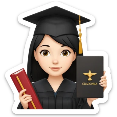 white girl with straight black hair, holding diploma, black graduation cap and gown, cheerful sticker