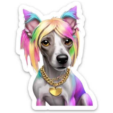 Punk Chinese crested dog neon rainbow hair gold chain punk piercings tattoos punk ear piercings sticker