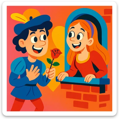 Romeo and Juliet as a cartoon couple, bright colors, exaggerated expressions, playful and lighthearted, cartoon style sticker