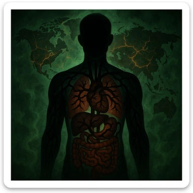 semi-realistic, high contrast, allegorical; human silhouette with visible organs, dark worm-like forms radiate into every organ, world map background, glowing cracks, sickly green mist, medical-fantasy atmosphere sticker