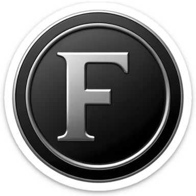 Emoji icon of a black coin with engraved letter F, minimalist style, isolated sticker