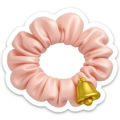 Change the gold star charm to a small Christmas bell charm on the pastel pink silky scrunchie, keep the 3D emoji style and shimmer effect. sticker