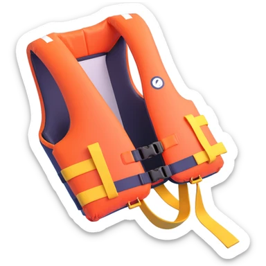 A life jacket in a vibrant 3D cartoon style on a white background, 3D rendering, high resolution, bright colors, with a perspective composition, high saturation, prominent details, a floating effect, and a lively atmosphere. sticker