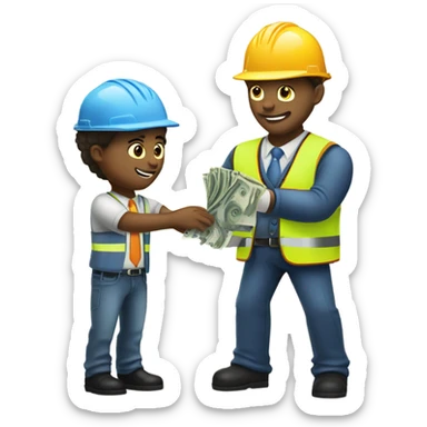 A white man in a suit receiving money from a construction worker sticker