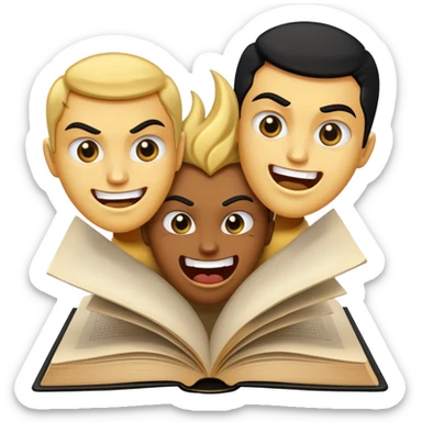 open book with three faces, smiling and happy,one angry, one smiling and happy, make it black and gold one that is okei, natural. sticker