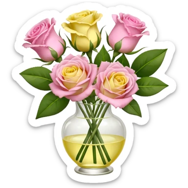 A mixed bouquet of four flowers, featuring pink roses and yellow lisianthus. sticker