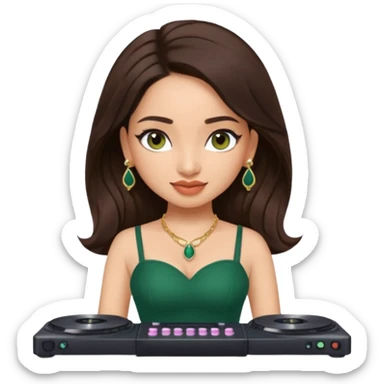 pretty bratz genmoji that looks like tamannah bhatia (bollywood actress), wearing a dark green sweetheart neckline top, dark brown hair, light makeup, no necklace, dangly earrings, side hair part, dark brown eyes, djing sticker