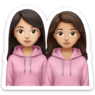 A pretty girl with light skin and long straight black brown hair, wearing a very light pink basic hoodie with brown eyes and makeup and a round face with another girl who is taller with an oval face, tan skin and very wavy brown hair, and a light pink basic shirt sticker