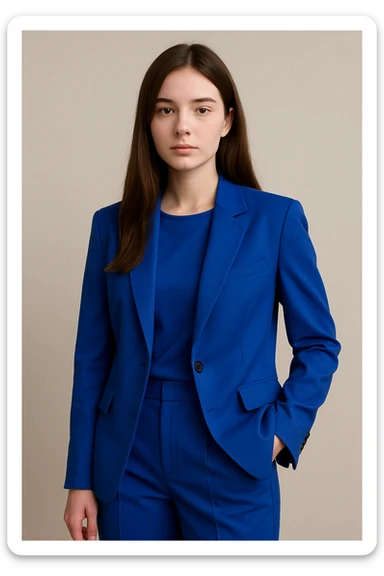 girl wearing a cobalt blue suit, brown hair, neutral background sticker