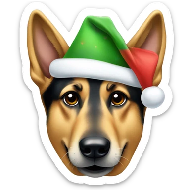 A German shepherd wearing a Christmas hat with a dog bone in its mouth sticker