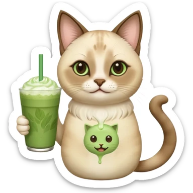 Happy Siamese Cat holding in its paws an iced matcha latte sticker