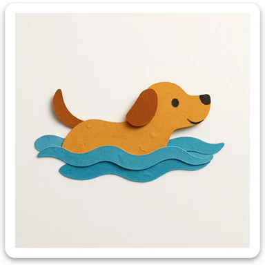 dog swimming in water, paper craft style, layered paper textures sticker