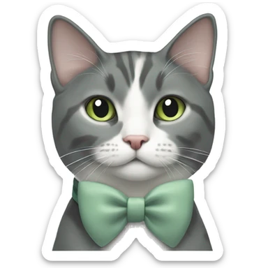 Grey and white tuxedo cat with sage green bow at neck sticker