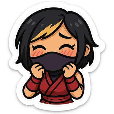 Sexy chibi ninja girl with black short hair and a blonde streak, only head and arms, colorful chibi style with bold outlines, transparent background, no mask, embarrassed face with blushing cheeks and shy smile, sized for Twitch emoji use. sticker