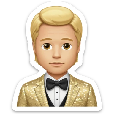 Brad Pitt with golden blonde hair, cream sequin suit with bow tie sticker