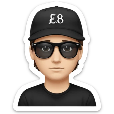 Emoji of a white man with short dark brown hair under a black baseball cap, wearing a black t‑shirt and 1980s‑style black Ray‑Ban rectangle sunglasses black lenses, with black musical notes floating around his head,  sticker