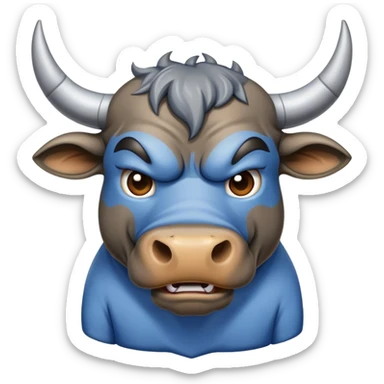 Toro que se vea agresivo a representar a una empresa que funde metales vestido con una camiseta  azul y ploma sticker