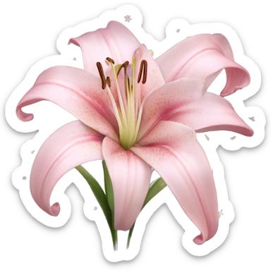 Lily "A pastel pink lily with long, elegant petals glowing faintly, its center surrounded by tiny shimmering stars and light trails." sticker