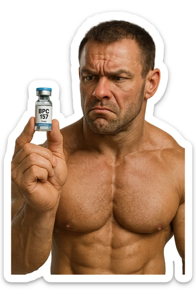 BODYBUILDER CHE TIENE IN MANO UNA FIALA MEDICA CON la scritta "BPC 157" SULL'ETICHETTA E LA GUARDA DUBBIOSO, iperrealistico 4k sticker