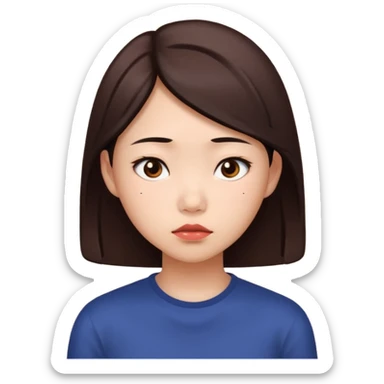 A young Asian female with a gloomy expression, thinking of chocolate sticker