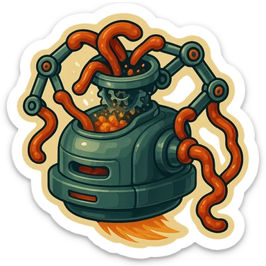 hovering robot. stuffs material into large hole on its top with 2 arms. no head. hole is where a head would be. spinning gears and blades in hole grind material.  3/4 view. between realism and cartoon. well lit. no dramatic lighting. metallic shiny robot. works diligently. drake humor sticker