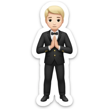 Man formally dressed, put both hands on top of navel and bows sticker