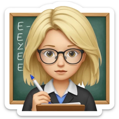 young blonde disheveled hair woman is writing an exam sticker