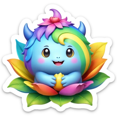3D, Kawaii derpy fat rainbow monster sitting in a magical rainbow hued flower, rich textures, visually detailed, so lifelike that it feels like it could leap off the page at any moment sticker