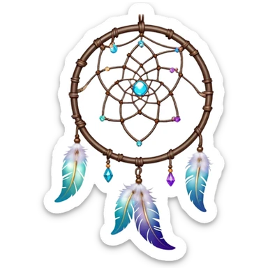 Iridescent shiny transparent crescent nebula Dreamcatcher-suncatcher hanging from a thread, with gemstones sticker