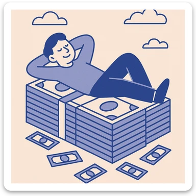 happy person napping on mattress of money sticker