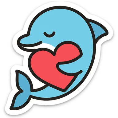 dolphin hugging a heart, simple color icon sticker