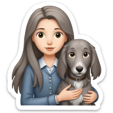A long-haired girl holding a gray hound sticker