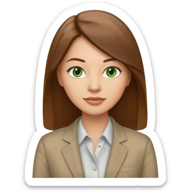 Adult woman avatar, light skin tone, oval face, straight long brown hair, green eyes, neutral mouth, business casual  sticker