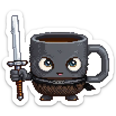 coffee mug with big cartoon eyes holding a ninja sword sticker