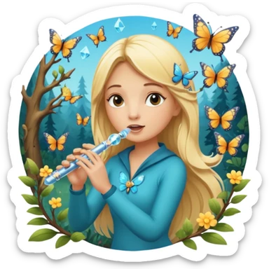 woodland sticker character, blonde woman playing crystal flute, butterflies around sticker
