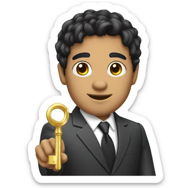 mixed-race businessman with black hair holding a gold key sticker